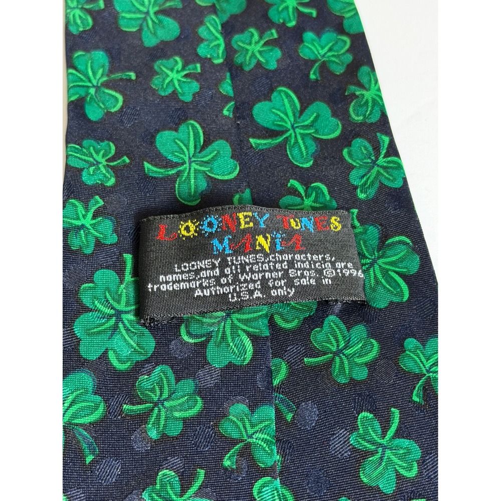Vintage 1996 Looney Tunes Mania Shamrock Clover Tie St Patricks Day Navy Green